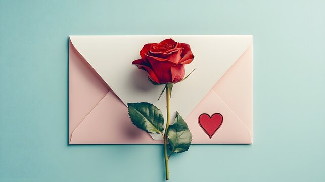 Elegant Arrangement of Romantic Envelope Red Rose and Heart Symbol Placed Beautifully on a Soft Pastel Colored Background Evoking Feelings of Love Affection and Sentiment