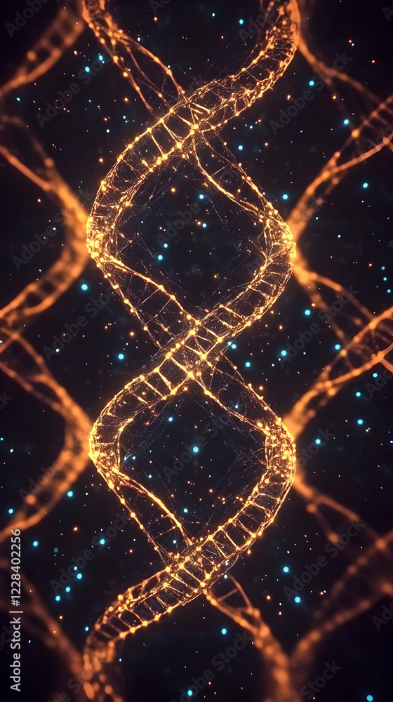 Poster abstract 3d golden double helix structure with glowing particles and dark background
