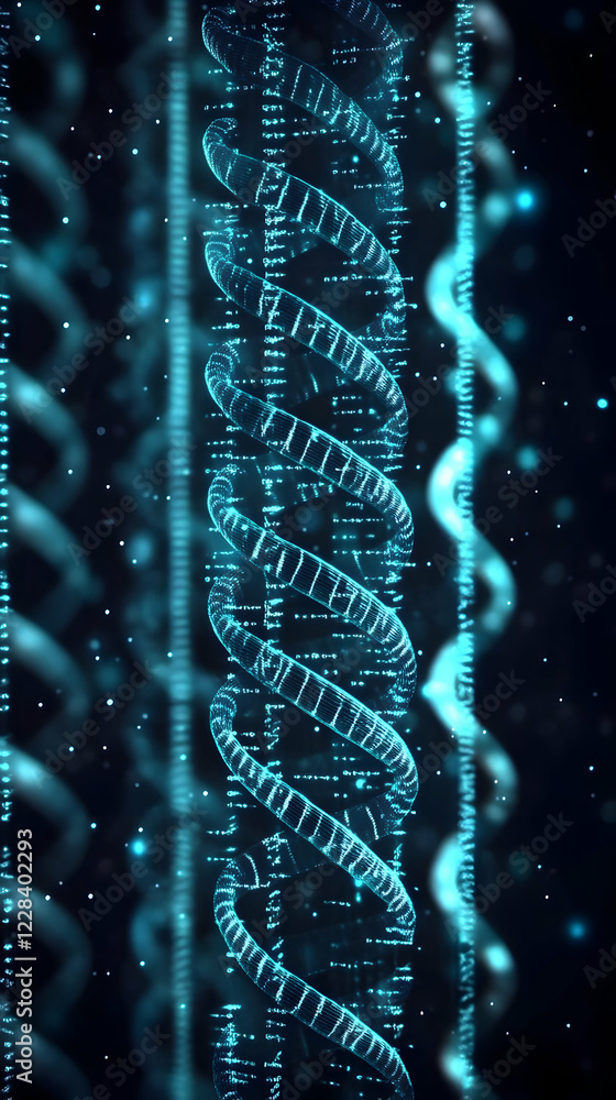 Poster glowing digital dna helix spirals through dark space with data streams background