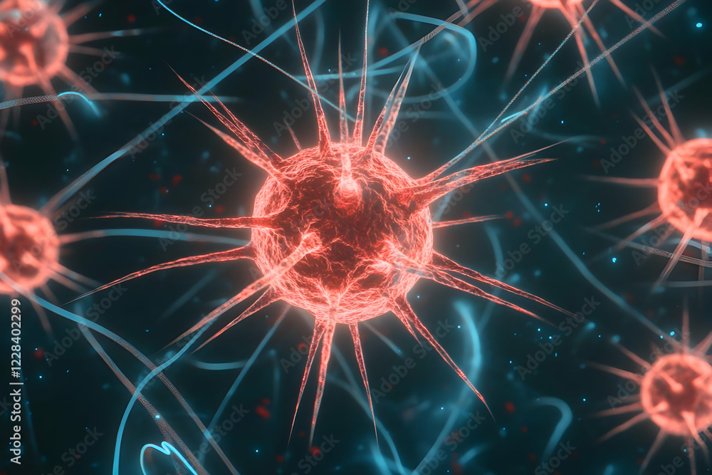 Aufkleber red spiked cells interact with blue energy in a microscopic visualization.