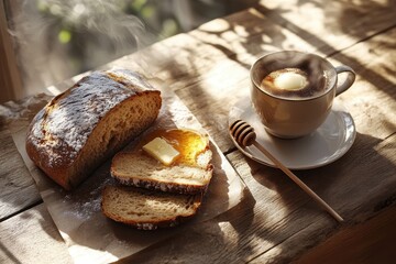 Freshly Baked Bread with Butter and Honey Next to a Coffee Cup