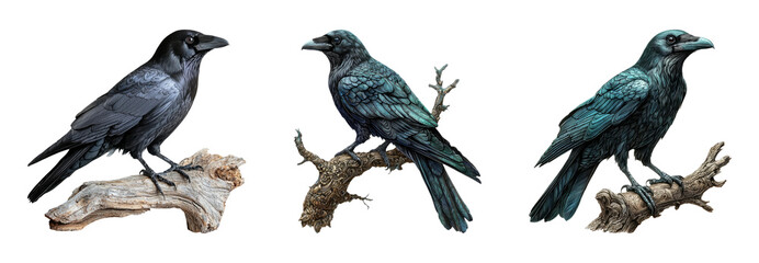 Three Artistic Ravens on Branches
