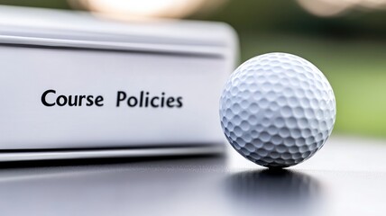 Close-up of golf ball next to book labeled "Course Policies"