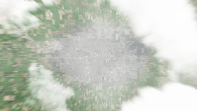 Earth zoom in from space to Visalia, California, USA. Followed by zoom out through clouds and atmosphere into space. Satellite view. Travel intro. Images from NASA