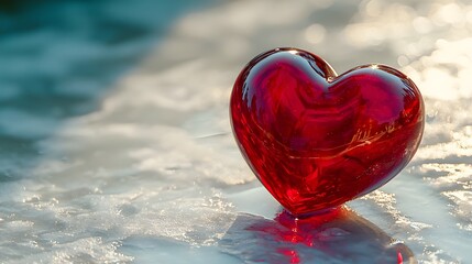 Fototapeta premium Polished transparent red heart shaped object resting on a soft light canvas with minimalistic design elements The heart s glossy reflective surface creates a sentimental evocative atmosphere