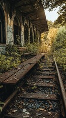 Obraz premium Overgrown Train Tracks with Abandoned Building and Nature Surrounding