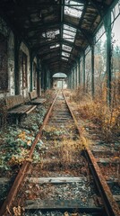 Abandoned Train Station Corridor with Overgrown Tracks and Plants