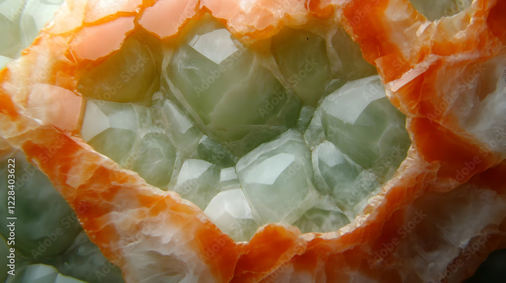 Poster green and orange crystal stone texture forms a unique and intricate pattern.