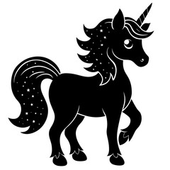 Cute Silhouette Unicorn Line Art Black Vector Carton Illustration 