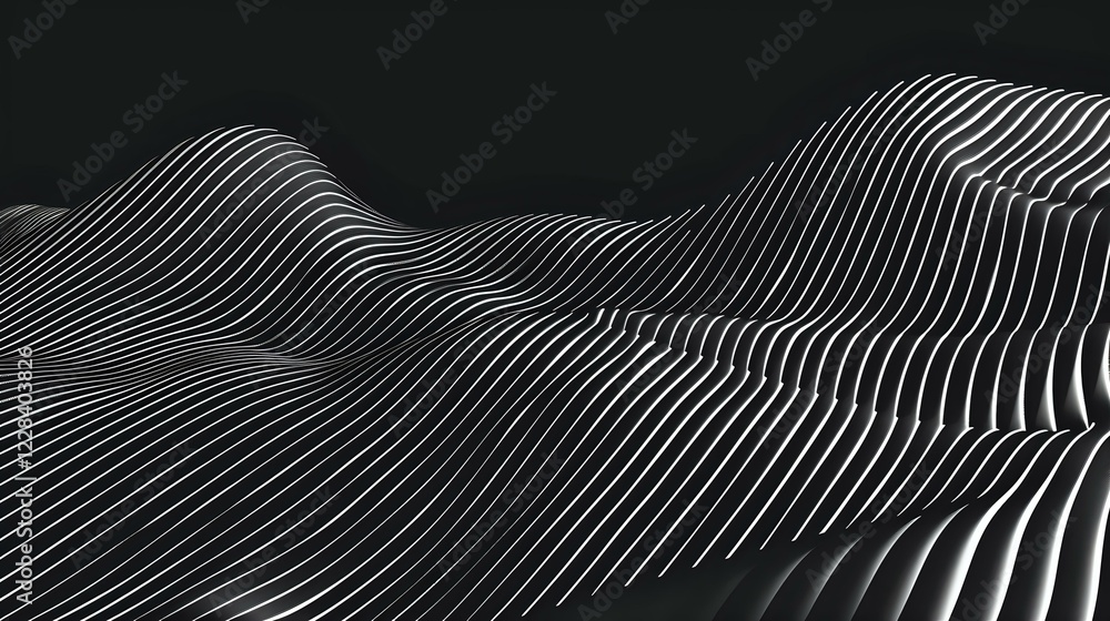Poster abstract wavy lines creating dynamic topographic terrain effect in black and white, flowing curves f