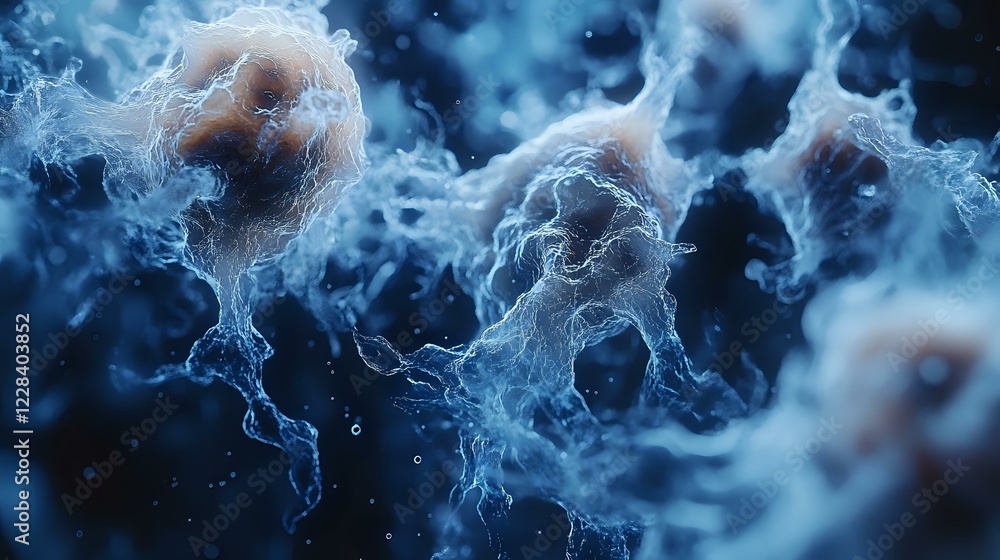 Poster microscopic view of virus cells in blue environment showing detailed structure of pathogens with pro