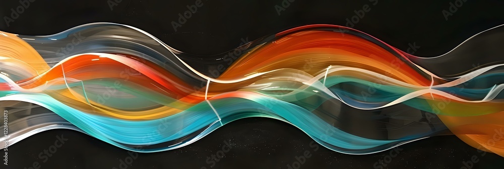 Poster abstract flowing waves in orange, turquoise and white colors on black background create dynamic moti
