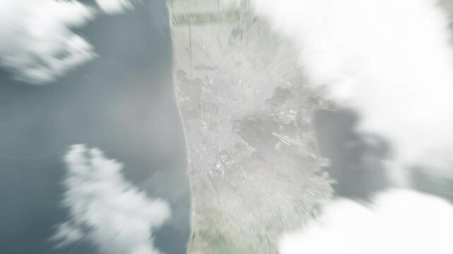 Earth zoom in from space to Daly City, California, USA. Followed by zoom out through clouds and atmosphere into space. Satellite view. Travel intro. Images from NASA