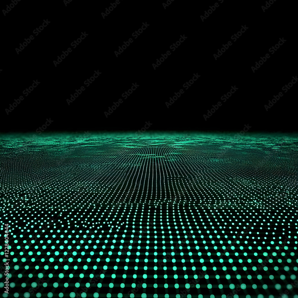 Poster abstract background with glowing green dots arranged in a grid pattern on a dark background.