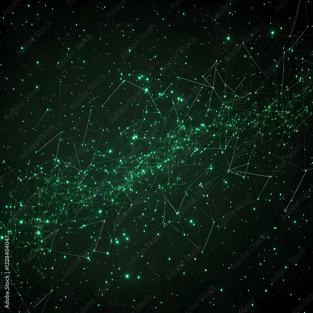 Poster abstract green network connecting glowing dots on a dark background with particles