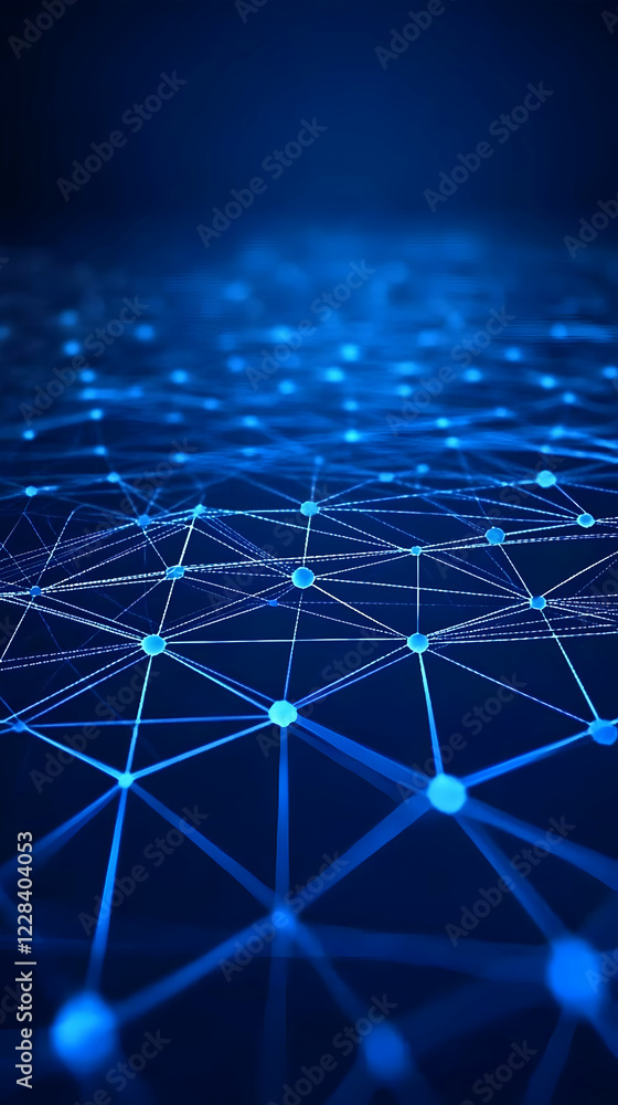 Poster abstract blue network grid connects nodes smoothly across a dark background.
