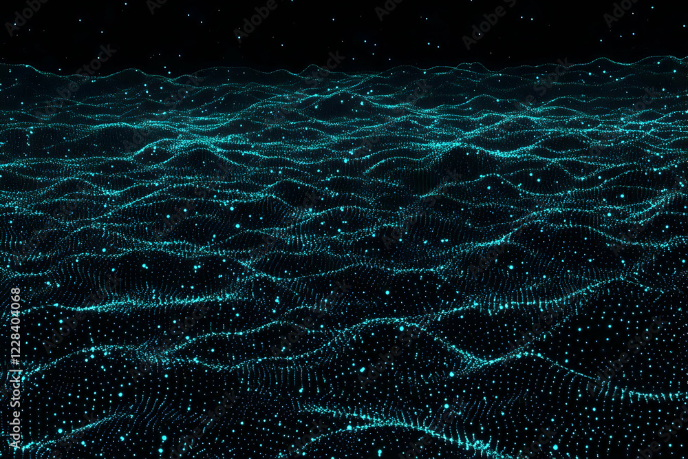 Poster abstract 3d turquoise particle waves flowing smoothly on a dark background