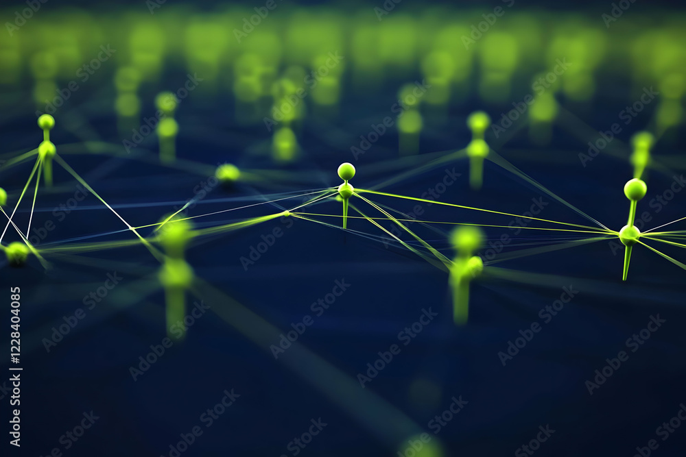 Aufkleber 3d render of interconnected green nodes form a network on dark blue background