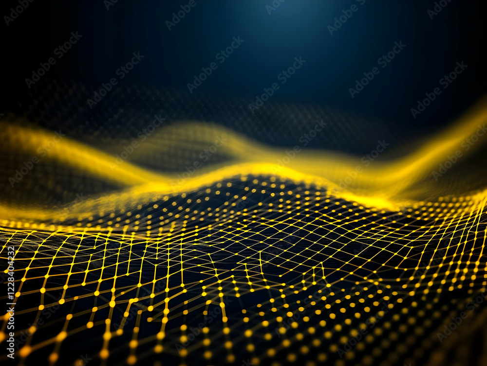 Poster abstract yellow mesh background waves smooth across black space seamlessly in a 3d rendered design