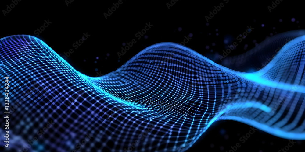 Poster abstract blue mesh wave flows smoothly across a dark background with glowing particles