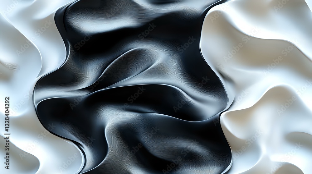 Poster Abstract black and white wavy silk fabric background with soft flowing folds creating dynamic contrast pattern. Elegant textile surface with smooth curves and shadows.