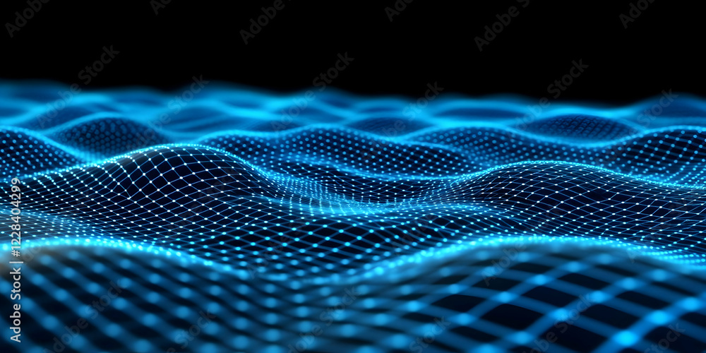 Poster abstract 3d blue wavy mesh grid background creates a futuristic and technological visualization.