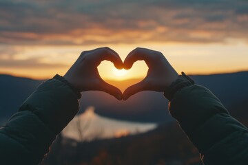 Heart-shaped hands silhouette at sunset over mountain landscape