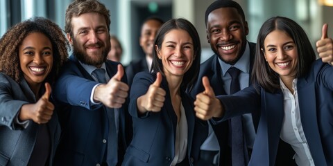 A diverse business team is joyfully celebrating their recent success while giving enthusiastic thumbs up gestures. They exemplify teamwork, unity, and the power of collaboration in the workplace