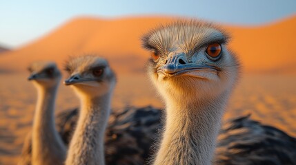 Three ostriches standing in a sandy desert landscape at golden hour making eye contact