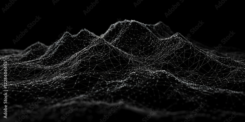 Poster abstract 3d wireframe landscape forms mountainous terrain on a dark background