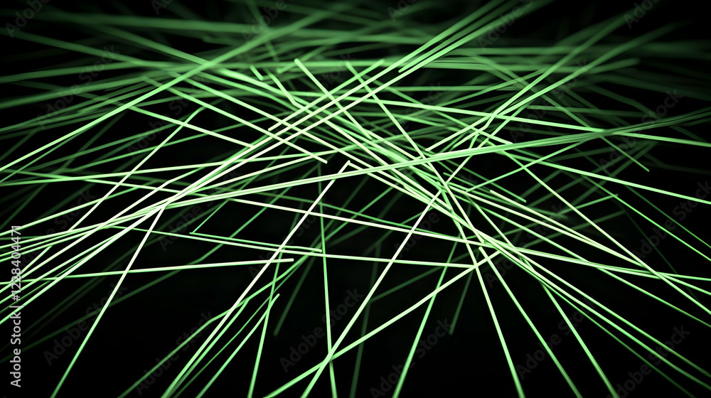 Poster abstract 3d render of intersecting green lines creates a complex structure on a black background.