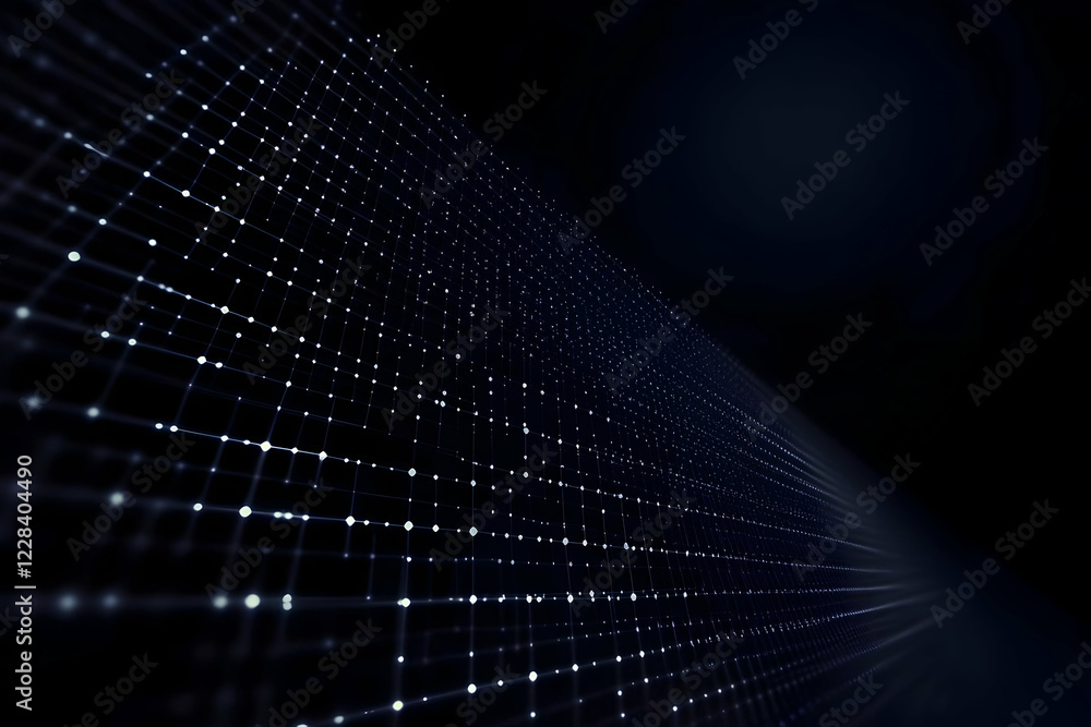 Poster abstract 3d grid with glowing dots extends into dark background perspective