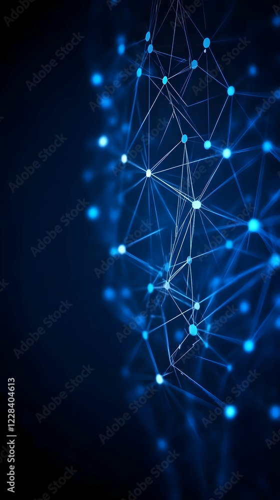 Poster abstract blue network nodes connected by lines on dark background