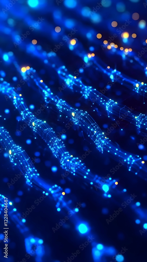 Poster abstract blue energy flows with glowing particles dynamically across a dark background
