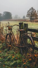 Obraz premium Rustic Bicycle in Misty Field with Wooden Fence and Autumn Leaves