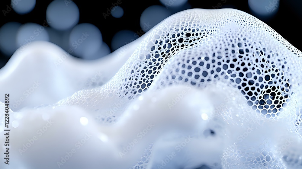 Poster white soap foam bubbles macro photography with soft bokeh background in blue tones, abstract minimal