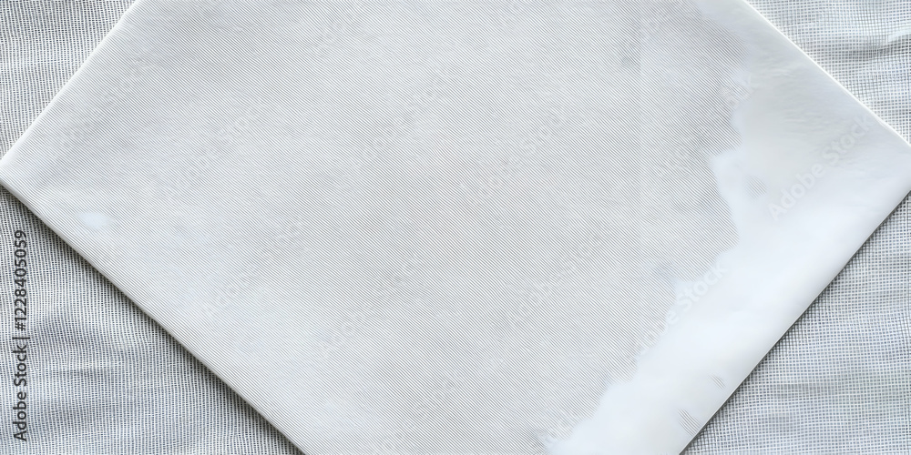 Poster white textured surface rests on a gray grid pattern background creates a minimalist composition