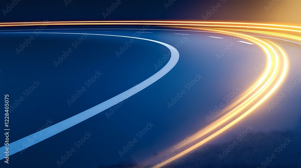 Poster glowing light trails curve along dark road at night creating dynamic motion effect with blue and ora