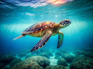 Obraz premium Vintage Sea Turtle in Ocean, Majestic Underwater Wildlife, Retro Aquatic Photography