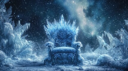 Fototapeta premium Ethereal Ice Throne Surrounded by Sparkling Frozen Landscape at Night
