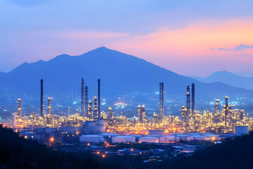 Fototapeta premium Illuminated Refinery Complex at Twilight with Majestic Mountains in the Background