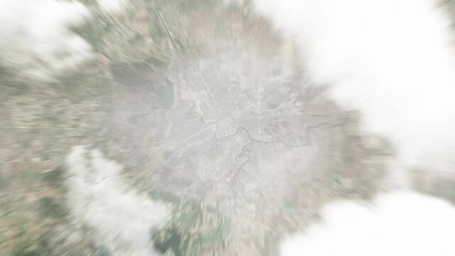 Earth zoom in from space to San Angelo, Texas, USA. Followed by zoom out through clouds and atmosphere into space. Satellite view. Travel intro. Images from NASA
