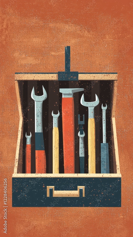 Poster vintage toolbox with various hand tools on rustic background