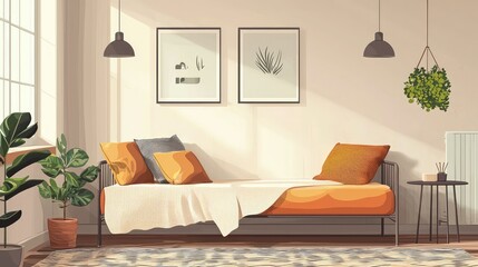 Cozy and Serene Living Room with Decorative Plants and Art