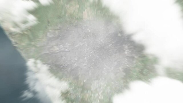 Earth zoom in from space to Vista, California, USA. Followed by zoom out through clouds and atmosphere into space. Satellite view. Travel intro. Images from NASA