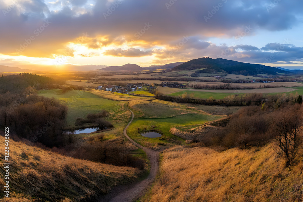 Sticker Golden Sunset Illuminates Rolling Hills and a Tranquil Village Nestled in a Valley.