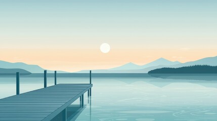 Fototapeta premium Tranquil Lake Scene with Dock, Mountains, and Soft Sunrise Colors