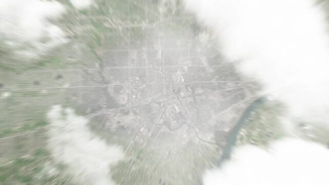Earth zoom in from space to Dearborn, Michigan, USA. Followed by zoom out through clouds and atmosphere into space. Satellite view. Travel intro. Images from NASA