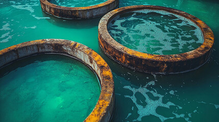 Modern urban wastewater treatment plant with advanced water recycling, purifying, and filtration systems ensuring clean drinking water bright minimalistic style with blurred background