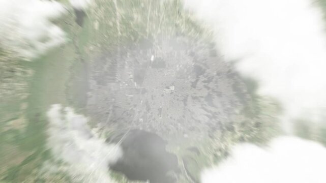Earth zoom in from space to Deltona, Florida, USA. Followed by zoom out through clouds and atmosphere into space. Satellite view. Travel intro. Images from NASA
